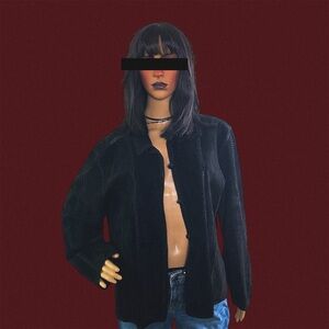 Chico’s black leather suede button-up jacket with crochet details